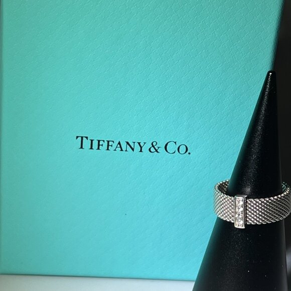 Tiffany & Co Somerset 4 Diamond Ring Mesh Weave in Sterling Silver *RETIRED* - Picture 8 of 10